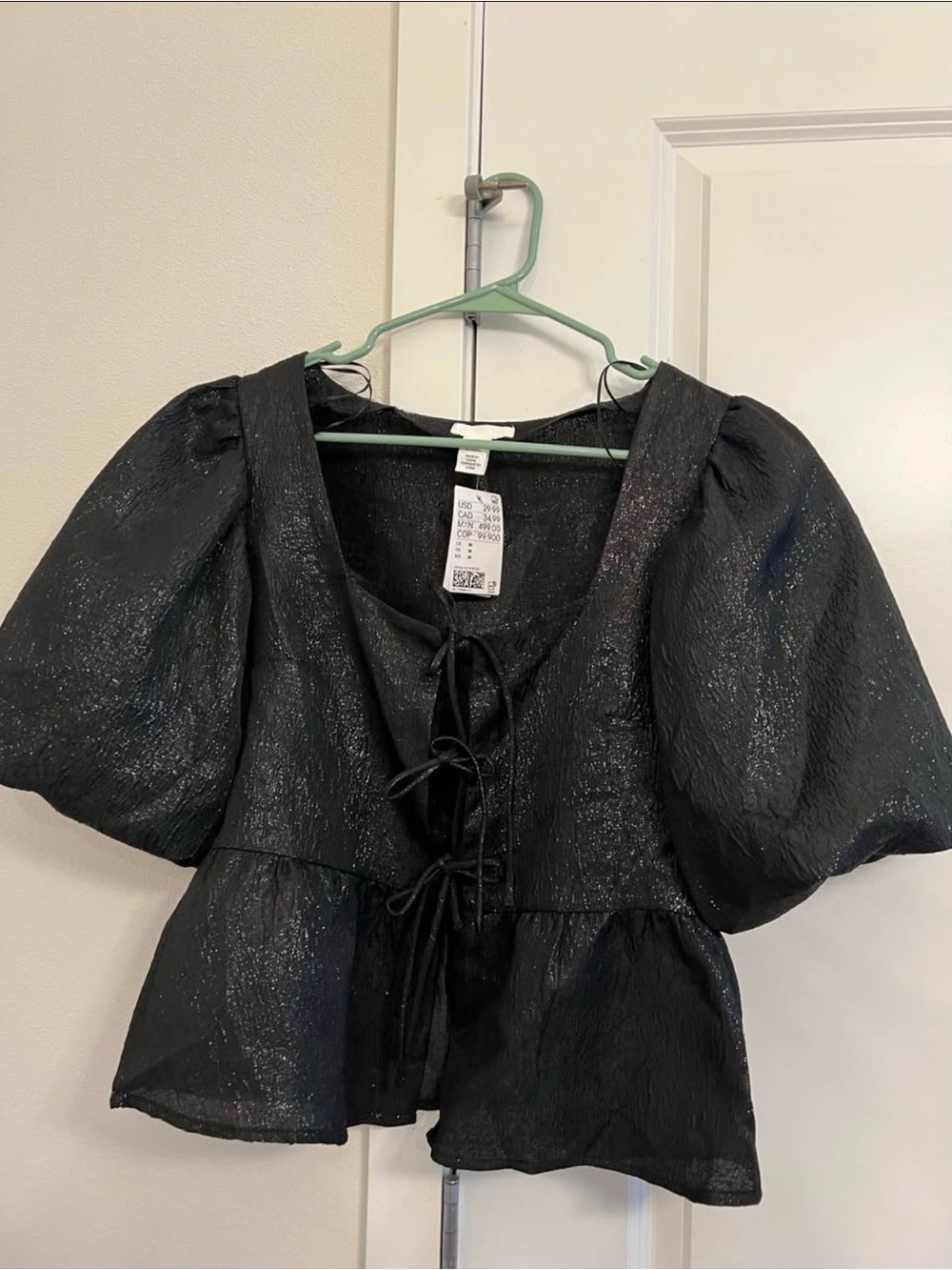 H&M Black Puff-Sleeve Tie-Front Peplum Blouse